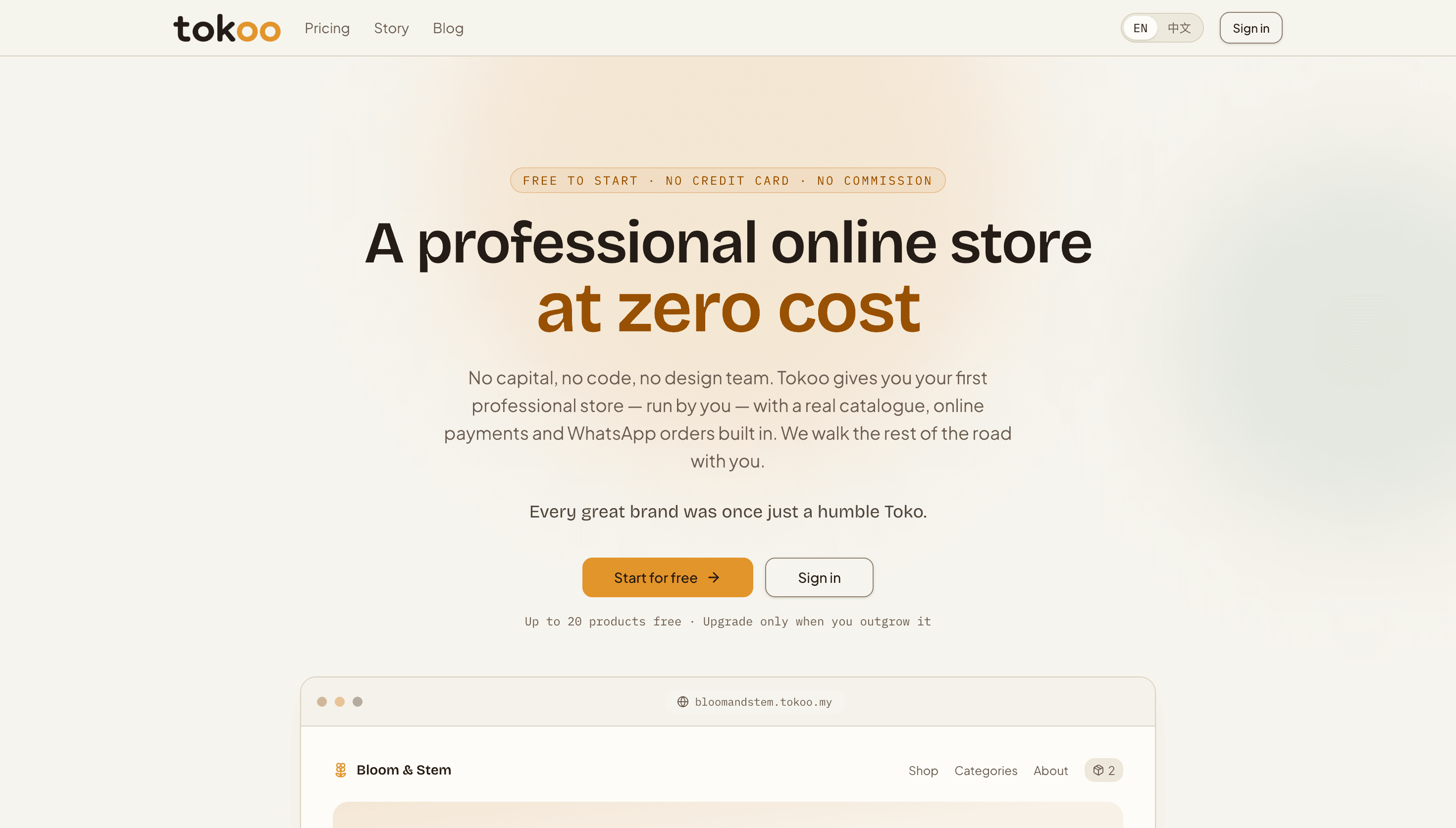 Tokoo online store platform homepage, with the headline 'A professional online store at zero cost' above a live storefront preview